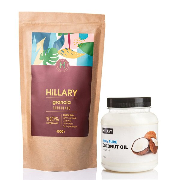 Гранола Hillary Chocolate Coconut, 1000 г + Рафінована кокосова олія Hillary 100% Pure Coconut Oil, 500 мл - фото №1