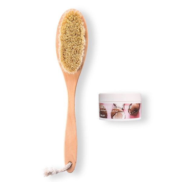 Hillary Sisal Dry Massage Brush + Coconut Body Scrub Hillary Coconut Oil Scrub, 200 g